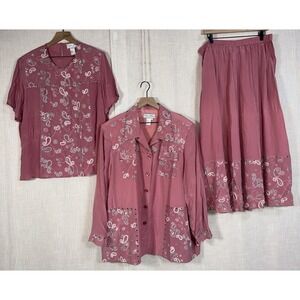 Vintage Diane Gilman Outfit Set Silk Blouse Tunic Skirt Women's 2X Pink Paisley